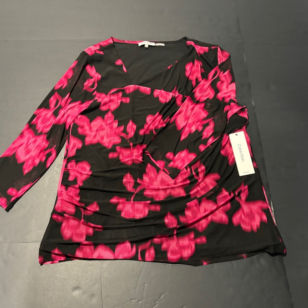 NEW Calvin Klein Floral Print Long Sleeve Top Black Pink Womens Plus Size 1X